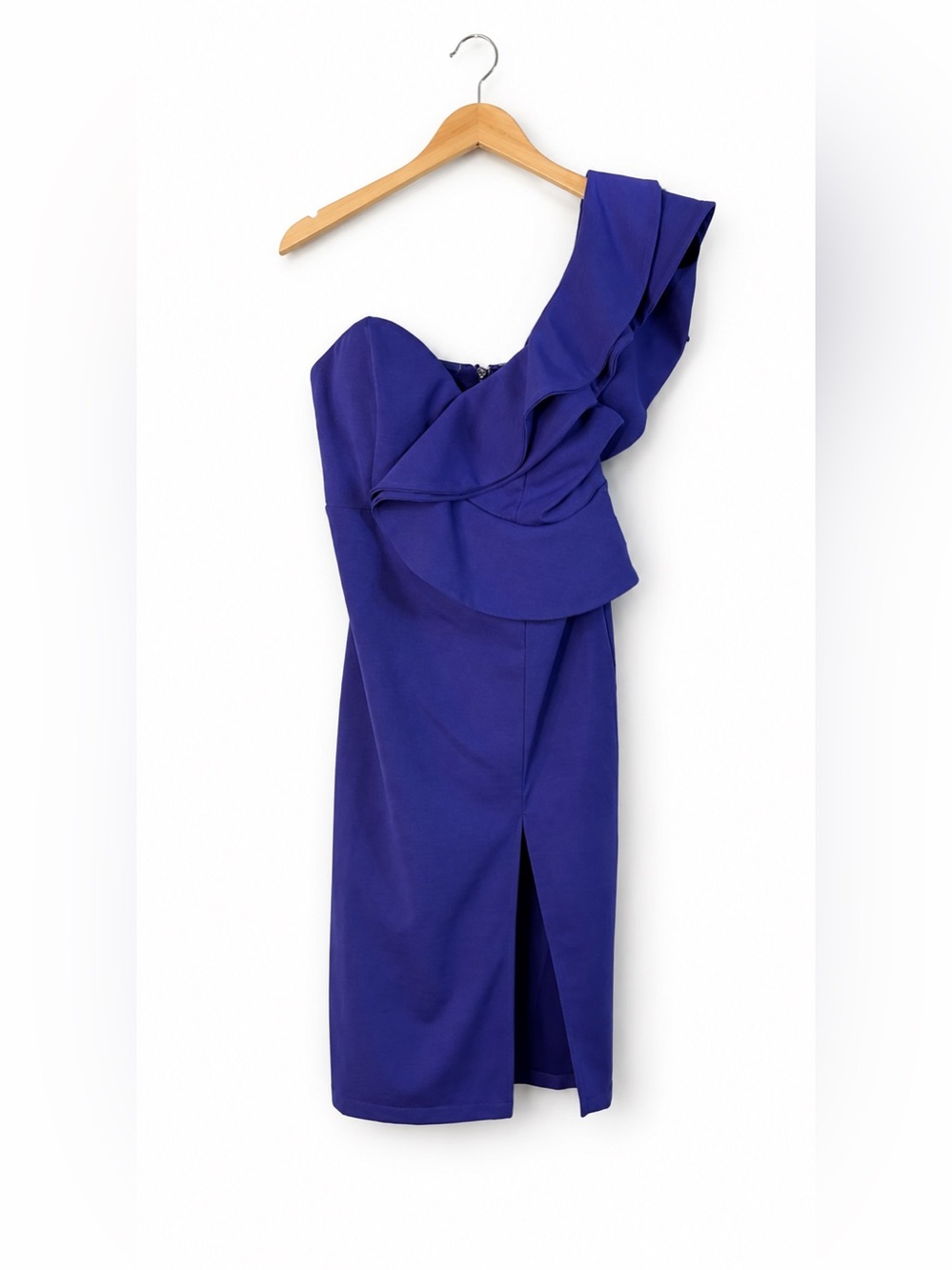 bebe One Shoulder Royal Purple Ruffle Midi Dress Cocktail Party Small